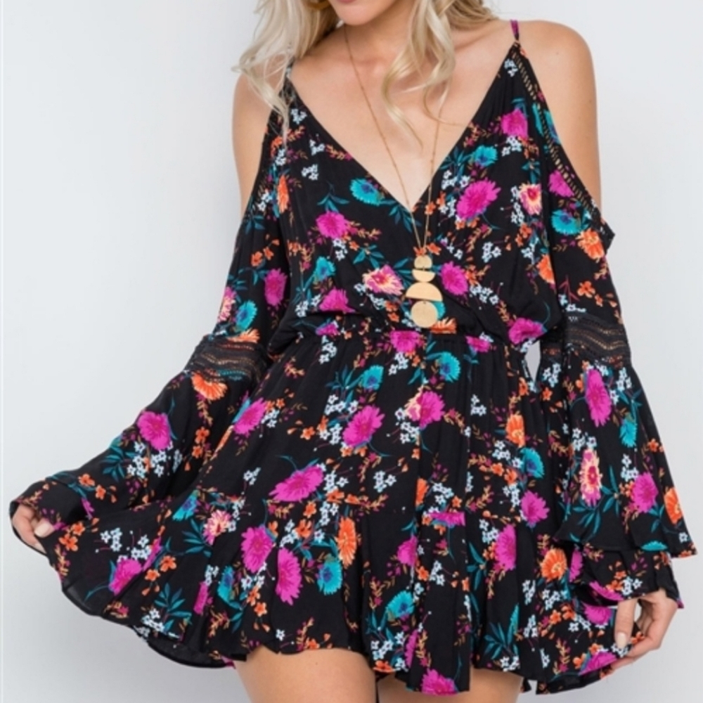 Bright Floral Black Romper/ Flirty Sexy Romper/ M / ruggles/Crochet/ Travel
